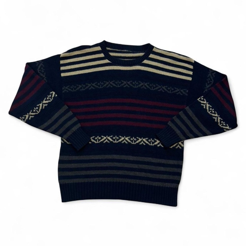 Vintage 90s Men's Patterned Crewneck Sweater - Navy, Burgundy, and Cream